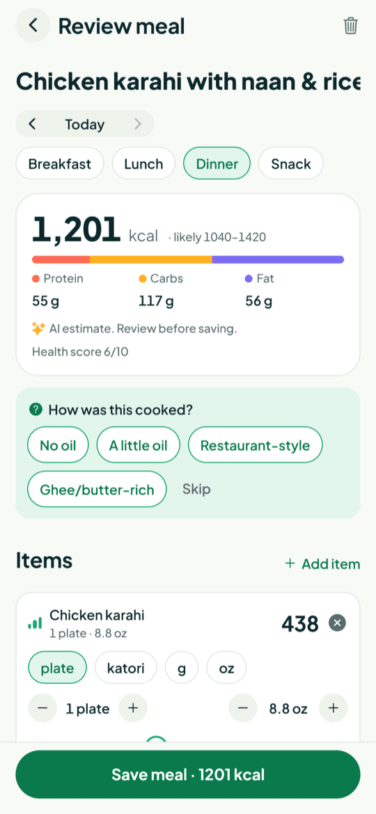 Nomvy estimating calories and portions from a meal photo