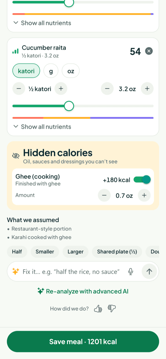 Hidden oil and ghee listed as a separate line with a likely calorie range