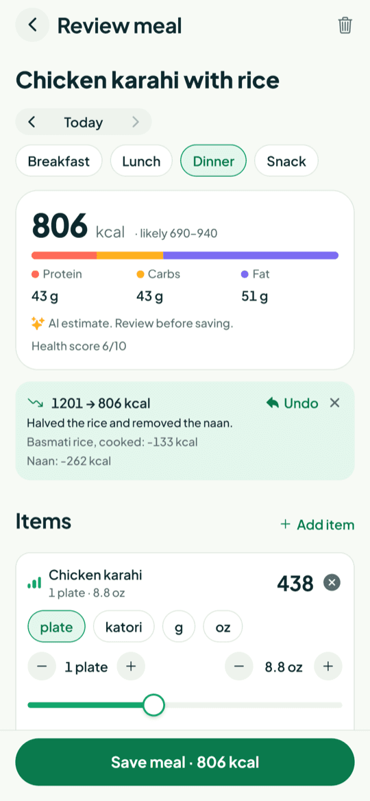 Correcting a meal with one sentence and seeing the before-and-after