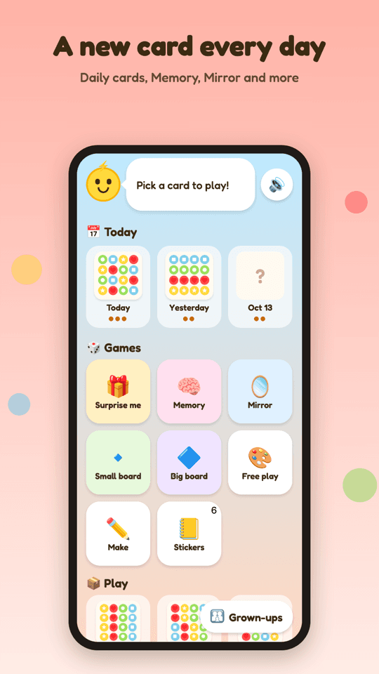 Peekaslide home screen with the daily card and game modes