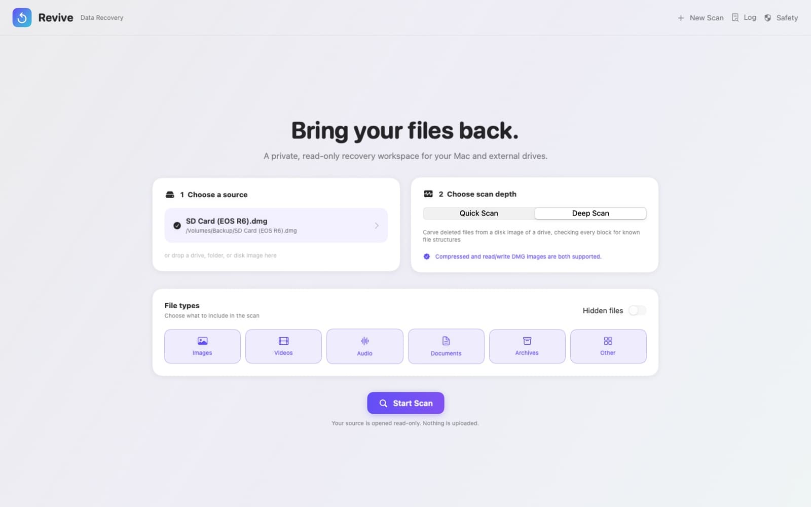 Revive's start screen with an SD card image chosen, Deep Scan selected and every file type ticked