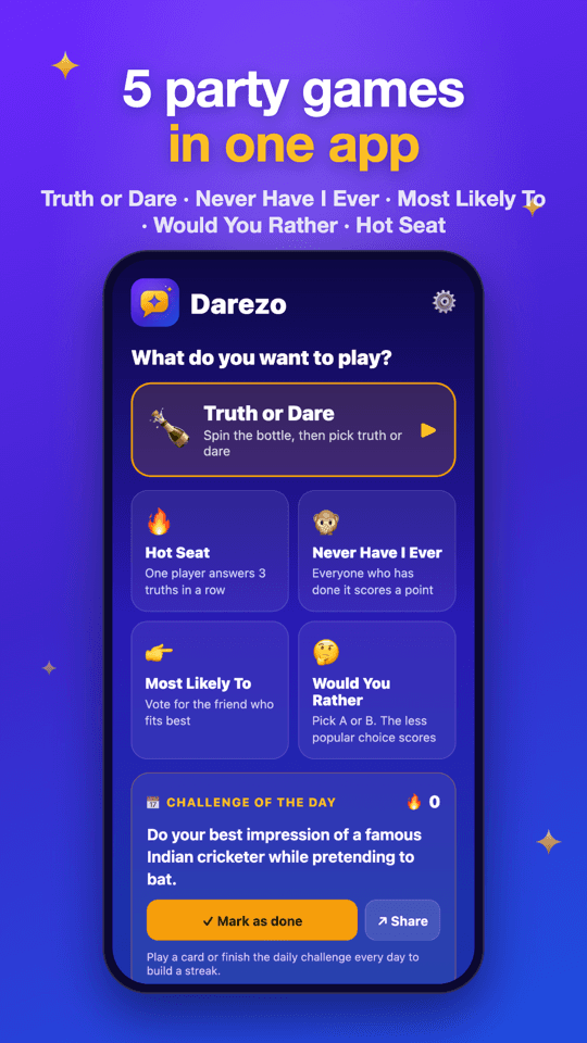 Darezo home screen with five party games to choose from