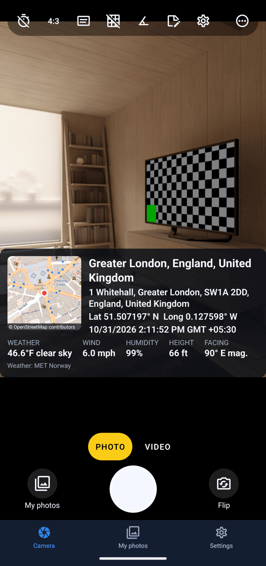 Wherecam camera with a stamp showing a map, the address, coordinates, date and time, and the weather