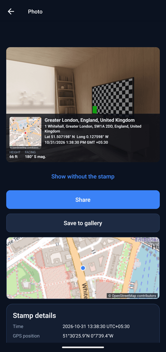 A saved landscape photo with the stamp, and buttons to share it or save it to the gallery